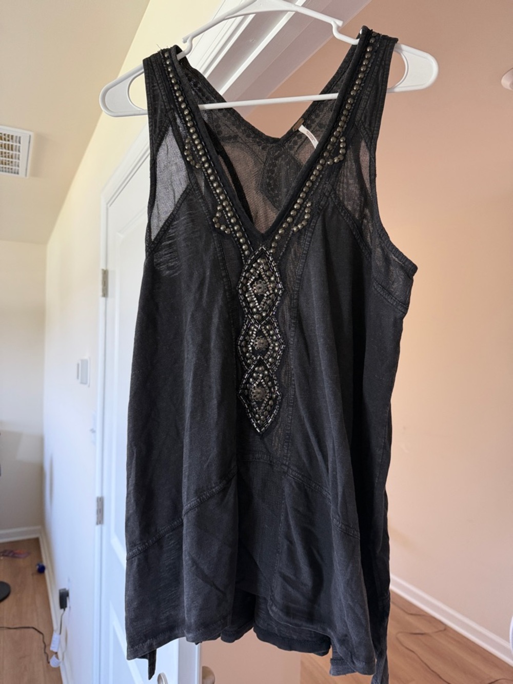 Free People Black Beaded V-Neck Tank Camisole
